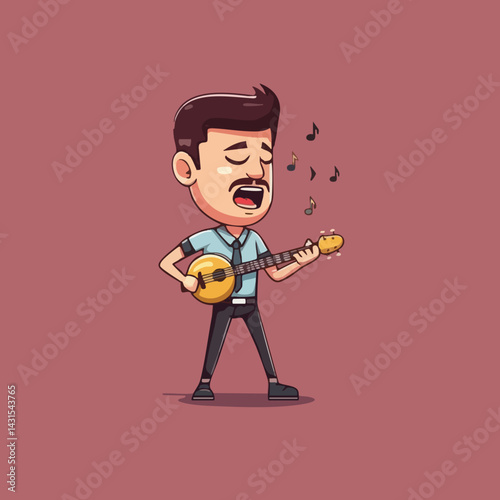 Cartoon Man Singing and Playing a Stringed Instrument. Vector Image