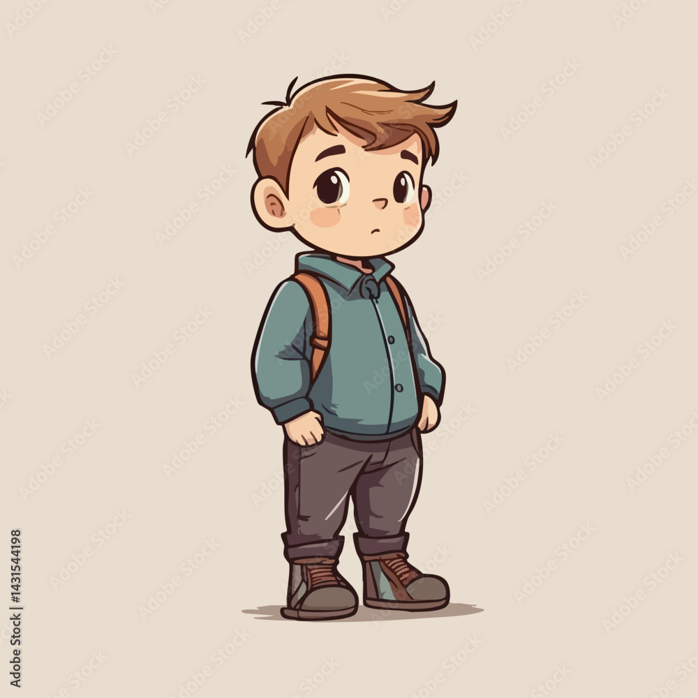 Cartoon Boy with Backpack Standing Thoughtfully. Vector Image Cartoon Boy with Backpack Standing Thoughtfully. Vector Image