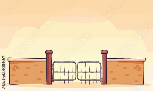 Brick Wall with Metal Gate Illustration. Vector Image
