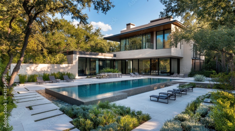 Fototapeta premium Modern luxury home with infinity pool, patio, and lush landscaping.