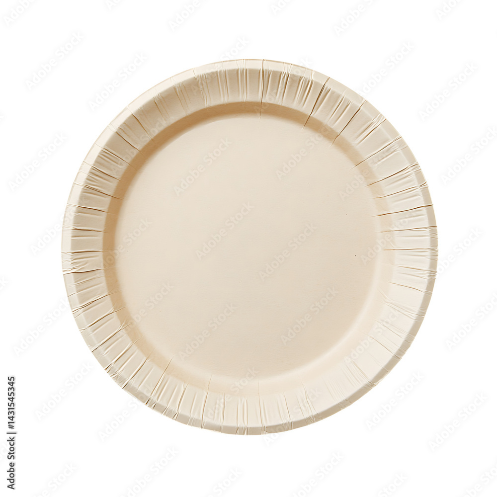 Plain round white paper plate with fluted edges shown isolated on a transparent background commonly used for disposable dining or catering purposes