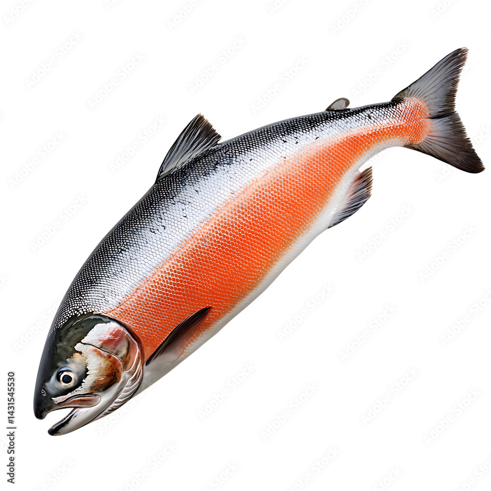 Fresh whole salmon fish with silver scales and orange-pink underbelly isolated on a transparent background shown in detailed lifelike realism