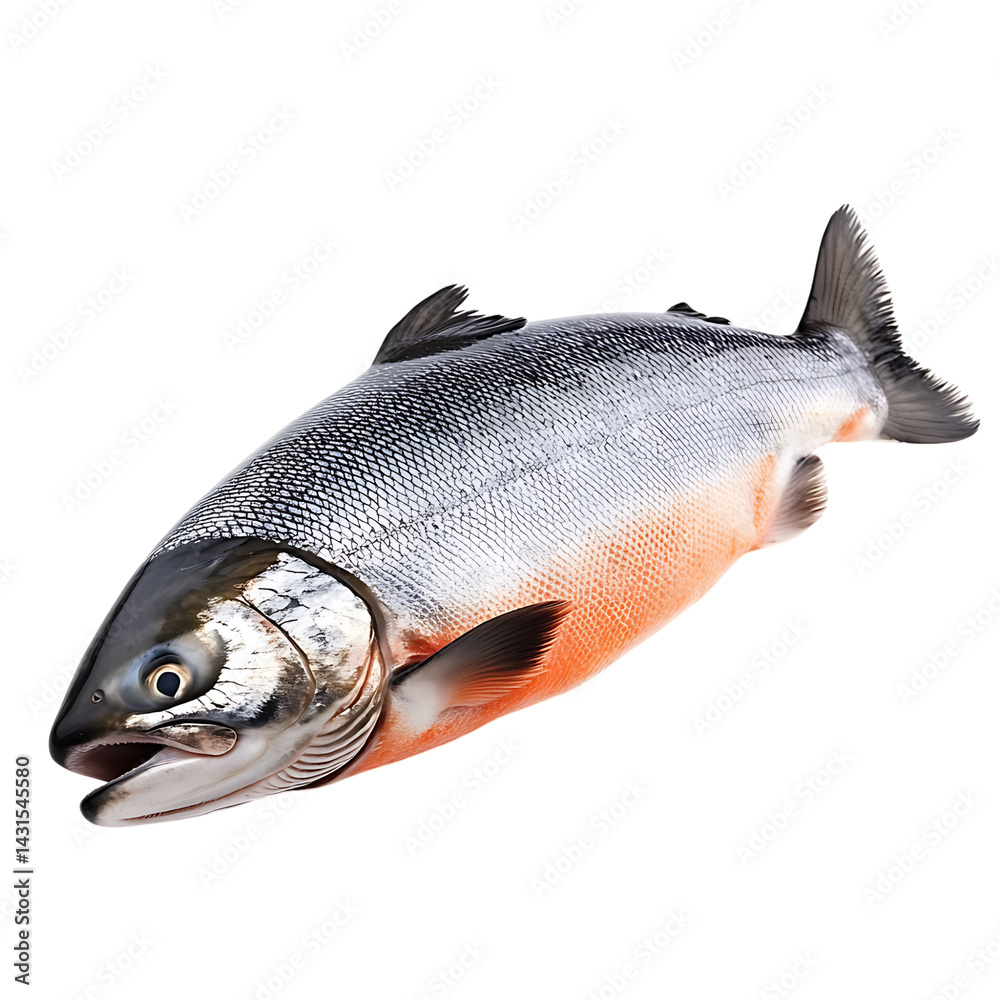Fresh whole salmon fish with silver scales and orange-pink underbelly isolated on a transparent background shown in detailed lifelike realism