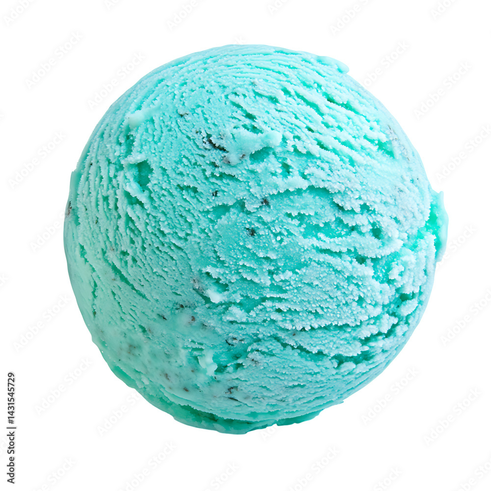 Turquoise ice cream ball with frosted surface and creamy texture isolated on a transparent background appearing cold and freshly scooped