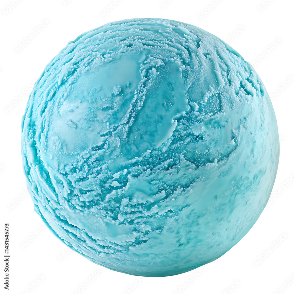 Turquoise ice cream ball with frosted surface and creamy texture isolated on a transparent background appearing cold and freshly scooped