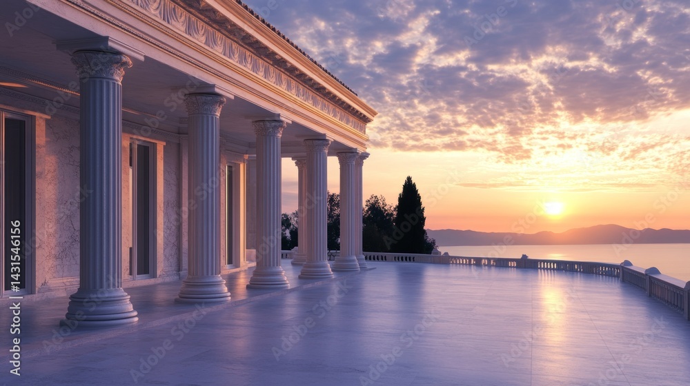 Obraz premium Grand colonnaded terrace at sunset overlooking a serene sea