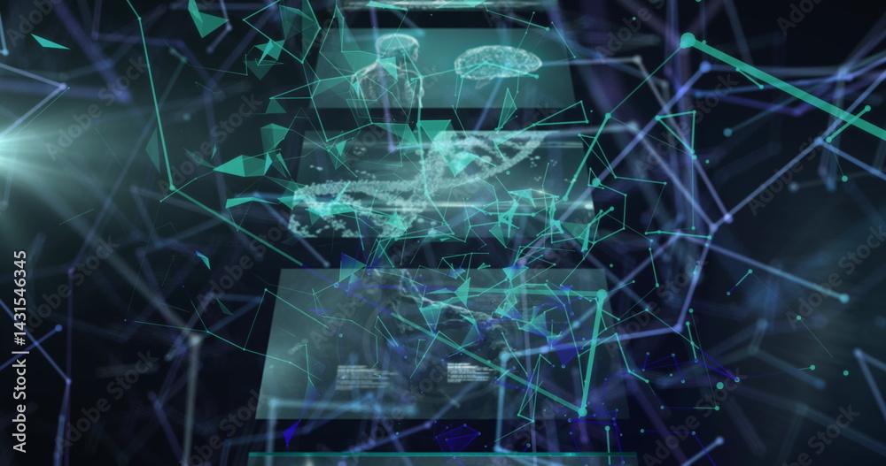 Naklejka premium Image of data processing over network of connections on black background