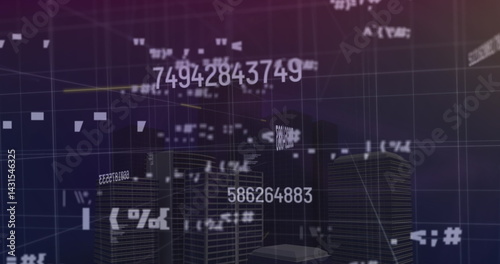 Image of data processing and city on blue background