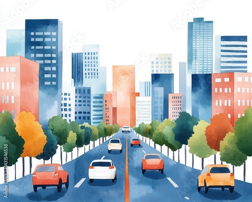 Trafficfree zone, carsharing vehicles moving seamlessly, smart urban planning, Watercolor style photo