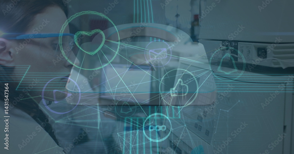 Image of network of connections with icons over diverse doctors