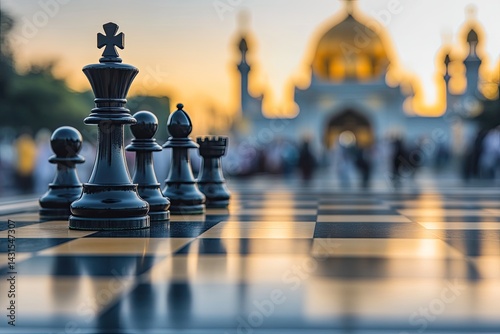 Black chess pieces on a board, with a blurred mosque background at sunset