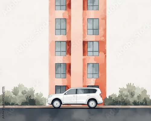 Minimalist shared car design, parked in front of a highrise apartment, urban vibes, Watercolor style