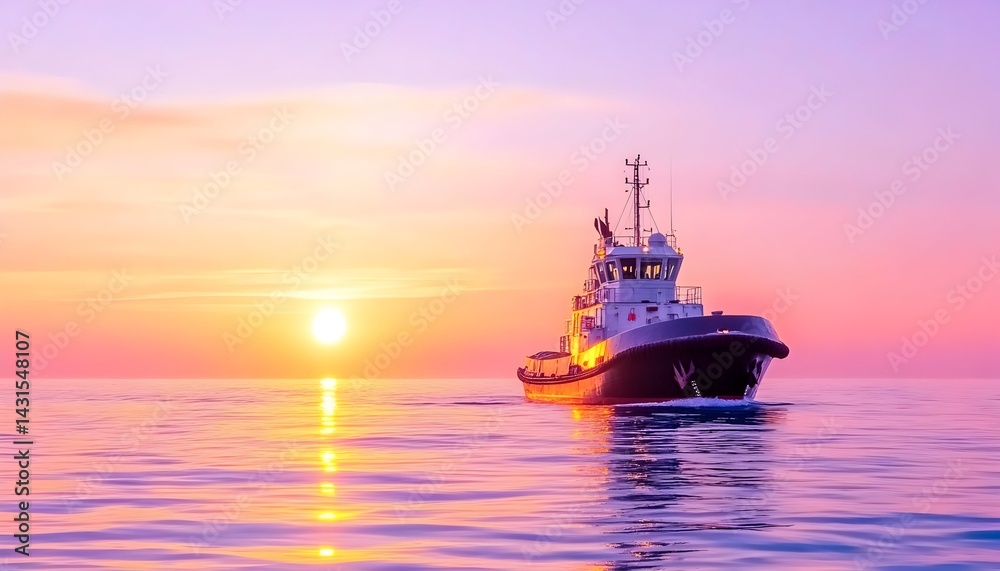 A tugboat sails on the calm ocean waters with a vibrant sunset in the background A tugboat sails on the calm ocean waters with a vibrant sunset in the background