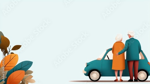 Elderly couple using a carsharing service, inclusivity and accessibility, Watercolor style