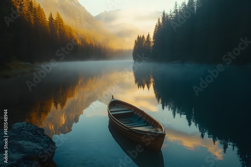Peaceful lake with wooden boat and mountain reflections at sunrise