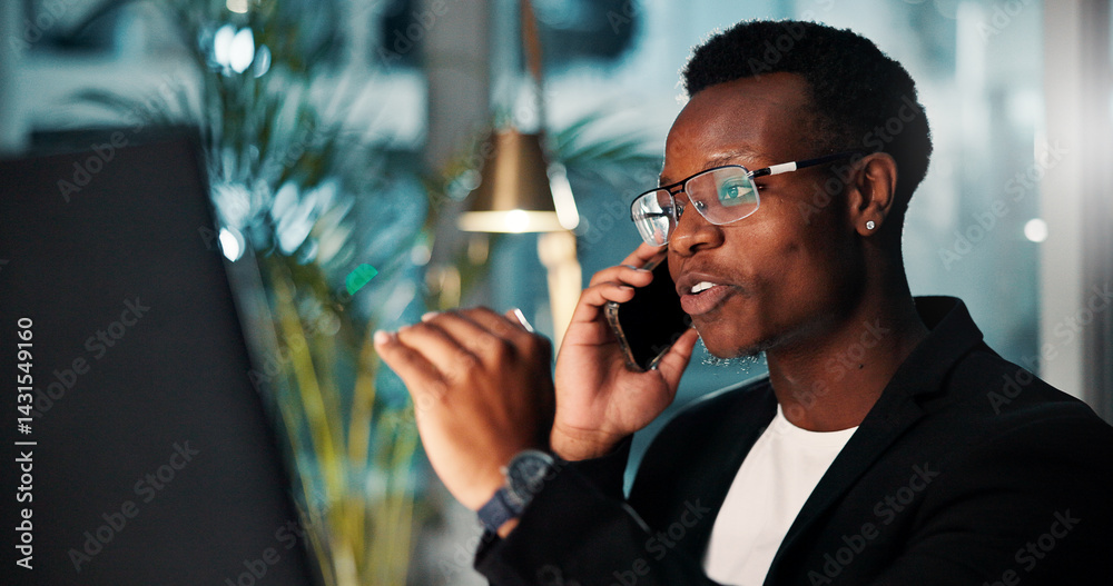 Night, black man and consultant with computer, phone call and ideas for agency and online solution. Person, evening and employee with technology, problem solving or planning with internet or project
