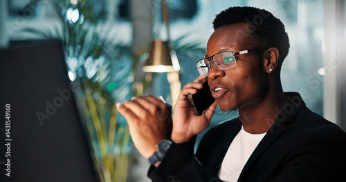 Obraz na płótnie Night, black man and consultant with computer, phone call and ideas for agency and online solution. Person, evening and employee with technology, problem solving or planning with internet or project w salonie