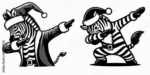 Zebra wear santa costume and pose dabbing. Funny Christmas Holiday Animal Clipart. Exotic equine festive attire gesture.