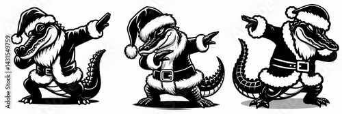 Alligator wear santa costume and pose dabbing. Funny Christmas Holiday Animal Clipart. Reptile in festive attire strikes fun jab.