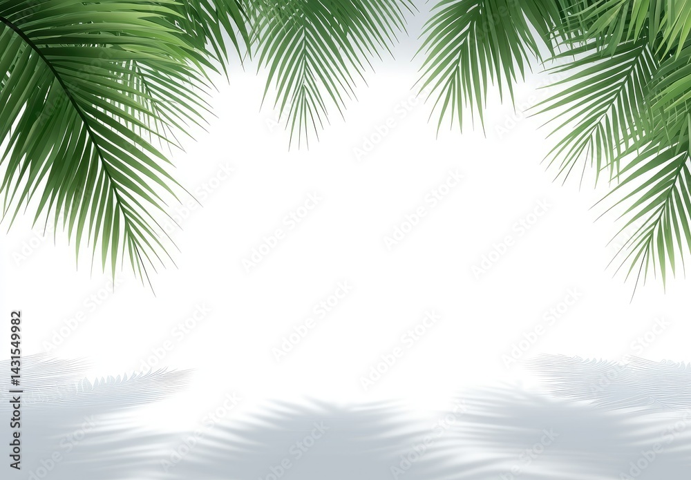 Fototapeta premium Lush green palm fronds frame a white background, casting soft shadows below