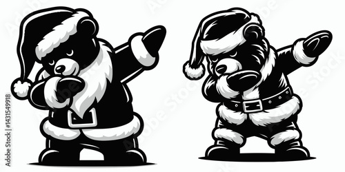 Bear wear santa costume and pose dabbing. Funny Christmas Holiday Animal Clipart. Ursine in xmas garment do a current dance position.