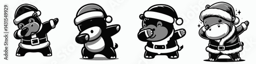 baby hippo wear santa costume and pose dabbing. Funny Christmas Holiday Animal Clipart. Infant hippopotamus attire suit do a celebratory gesture.