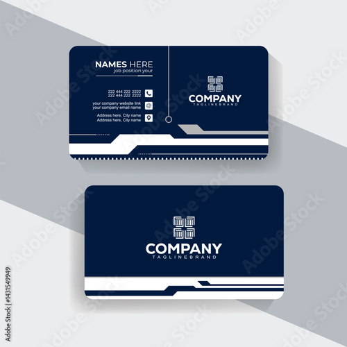 Modern Corporate Navy and White Business Card Vector for Designers. Luxury business card design featuring navy blue background with white details.