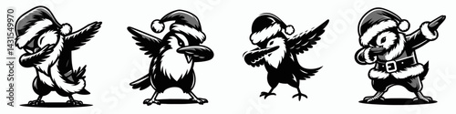 bird wear santa costume and pose dabbing. Funny Christmas Holiday Animal Clipart. Avian attire father dab gesture picture.