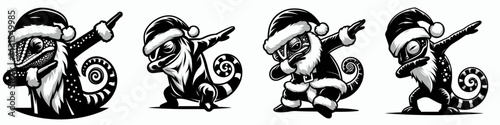 Chameleon wear santa costume and pose dabbing. Funny Christmas Holiday Animal Clipart. Lizard donned attire showing off joyful dance move.
