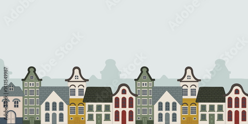 Europe Dutch style building and houses facade hand drawn illustration collection template. Cityscape street view. For decoration, concept proposal, design, postcard, banner, social media