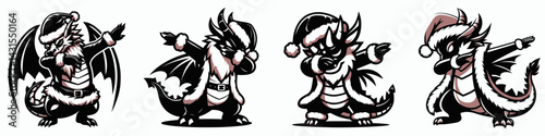 Dragon wear santa costume and pose dabbing. Funny Christmas Holiday Animal Clipart. Mythical reptile in festive attire doing dab motion photography.