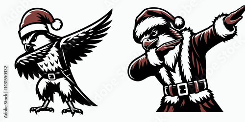 Falcon wear santa costume and pose dabbing. Funny Christmas Holiday Animal Clipart. Avian apparel comical gesture bird xmas image.