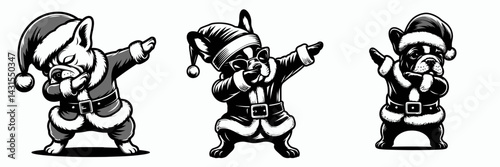 French Bulldog wear santa costume and pose dabbing. Funny Christmas Holiday Animal Clipart. Canine outfit fun current dance position.
