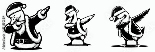 Goose wear santa costume and pose dabbing. Funny Christmas Holiday Animal Clipart. Waterfowl adorn father attire execute hip hop motion.