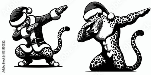 Leopard wear santa costume and pose dabbing. Funny Christmas Holiday Animal Clipart. Feline attire dab gesture.