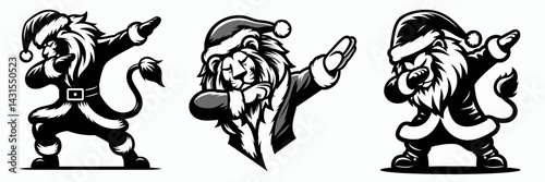 Lion wear santa costume and pose dabbing. Funny Christmas Holiday Animal Clipart. Feline in outfit doing the dab for picture.