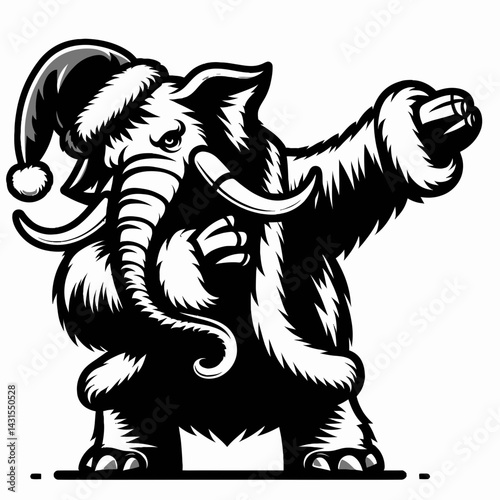 Mammoth wear santa costume and pose dabbing. Funny Christmas Holiday Animal Clipart. Giant woolly beast adorn attire strike cool jig.