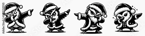 Owl wear santa costume and pose dabbing. Funny Christmas Holiday Animal Clipart. Avian xmas dress dab gesture.