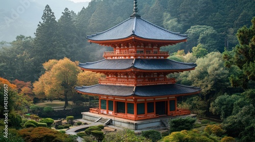 Serene Autumn Temple in Japan: A Three-Story Pagoda Amidst Lush Foliage