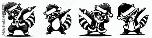 Raccoon wear santa costume and pose dabbing. Funny Christmas Holiday Animal Clipart. Trash panda don festive attire make hip hop move.