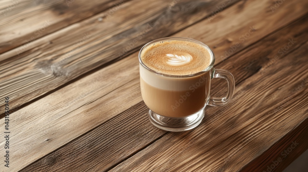Top view of a cappuccino in a glass cup on a wood grain table, generative ai Top view of a cappuccino in a glass cup on a wood grain table, generative ai