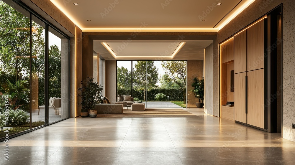 Obraz premium Modern open-plan living area with garden view