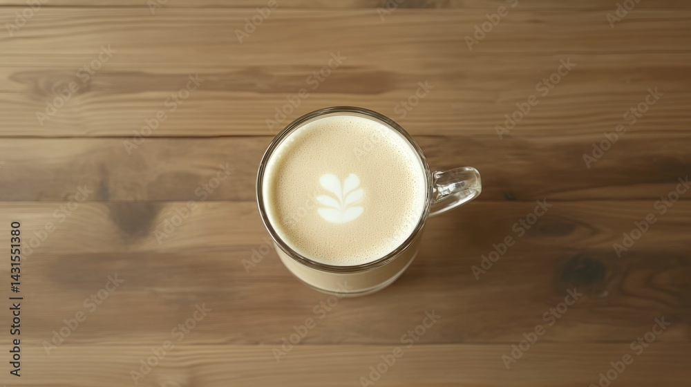 Top view of a cappuccino in a glass cup on a wood grain table, generative ai Top view of a cappuccino in a glass cup on a wood grain table, generative ai