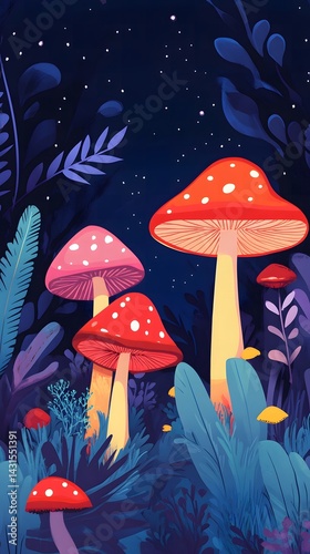 Enchanted Mushroom Grove: A whimsical illustration of vibrant red and pink mushrooms nestled amongst lush foliage under a starry night sky. The mushrooms glow with an ethereal light.