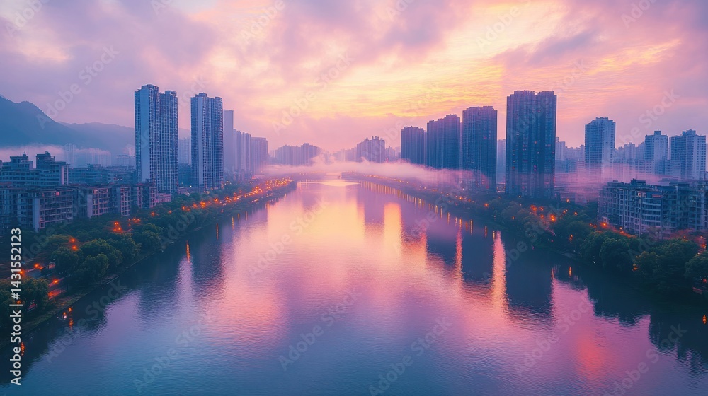 Obraz premium Misty city river sunrise