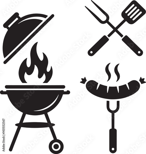 BBQ and Grilling Icon Set or Black Silhouette Barbecue Tools Vector on White Background