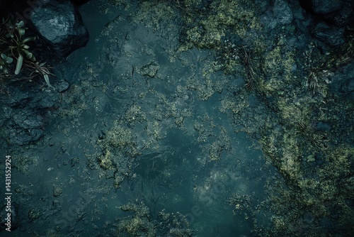 Dark, murky water with patches of green algae and rocks at the edge