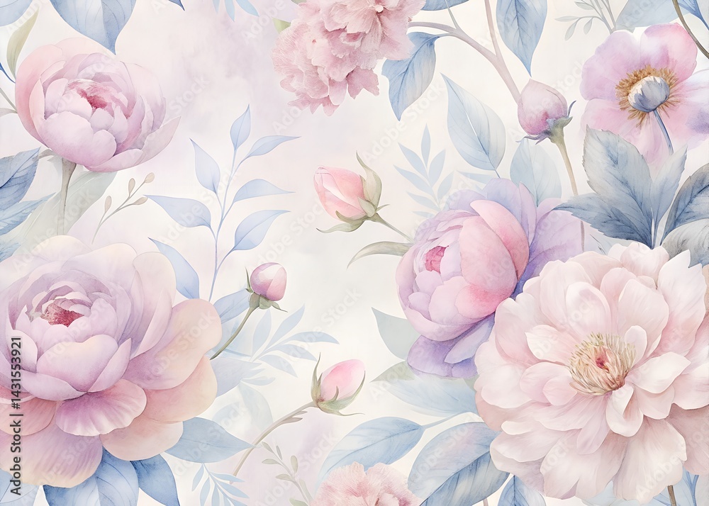 Watercolor Floral Pattern with Roses , Water color Hand-drawn peony textile design, Water color background, floral pattern for wallpaper or fabric