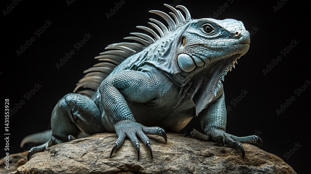 Obraz premium Close-up of a vibrant blue iguana perched on a rock