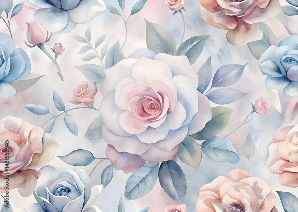 Watercolor Floral Pattern with Roses , Water color Hand-drawn peony textile design, Water color background, floral pattern for wallpaper or fabric